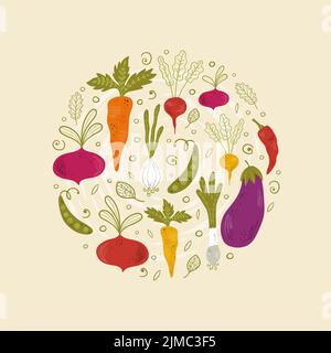 Joli motif légumes dessinés à la main avec des carottes, des aubergines, des oignons - motif vectoriel Illustration de Vecteur