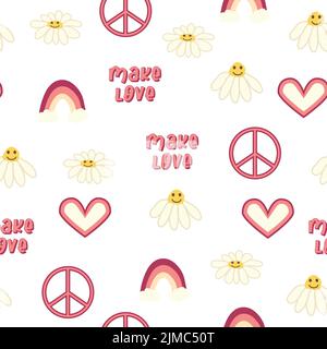 Coeur amoureux, symbole de paix, motif arc-en-ciel rétro 70s sans coutures. Formes de coeur éparpillées sur un fond tourbillonnant. Conception groovy dans le style des sept Illustration de Vecteur