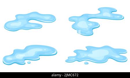 Ensemble de flaques d'eau, style dessin animé liquide. DROP isolé sur fond blanc. Fente bleue, éclaboussures sur le plancher. Illustration vectorielle. Illustration de Vecteur