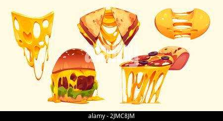 Le fromage fondu coule dans le sandwich, le hamburger et la pizza. Ensemble de dessins animés vectoriels de cheddar chaud ou de tranches de parmesan avec des gouttes de fromage fondu dans des aliments rapides isolés sur le fond Illustration de Vecteur