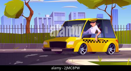 Chauffeur de taxi en voiture jaune sur la rue de la ville. Illustration vectorielle du paysage d'été avec un cabman professionnel en uniforme assis dans un véhicule, des arbres verts, une clôture et une route Illustration de Vecteur