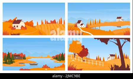 Village paysage d'automne avec des maisons sur campagne ferme champ, paysage rural horizon scénario ensemble. Caricature magnifique calme chute panorama scène avec montagnes, orangers sur fond de terre d'herbe Illustration de Vecteur