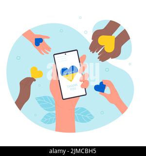 Des bénévoles qui font don de cœurs jaunes et bleus dans le cadre d'une campagne de charité pour aider l'Ukraine. Main tenant téléphone mobile avec Donate et Merci texte sur l'écran plat illustration vectorielle. Fonds, concept d'application de don Illustration de Vecteur