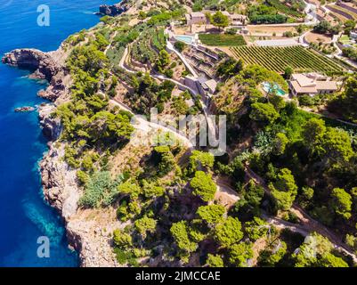 Drone shot, Punta de na Frenanda, Tramuntana montagnes, Banyalbufar région, Majorque, Baléares Islan Banque D'Images