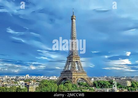 Une vue sur la Tour Eiffel par une journée nuageux à Paris, France Illustration de Vecteur