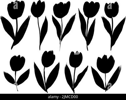 Silhouettes vectorielles noires dessinées à la main de tulipes. Illustration de Vecteur