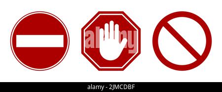Ensemble d'icônes de symbole d'arrêt rouge et d'affiche de symbole octogonal de l'affiche de la main d'arrêt. Image vectorielle. Illustration de Vecteur