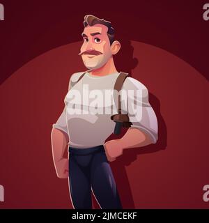 Détective privé avec arme dans son étui. Homme confiant, policier, policier, enquêteur du crime. Caricature sérieuse moustached personnage masculin stand avec bras akimbo, personnage de jeu, illustration de vecteur Illustration de Vecteur