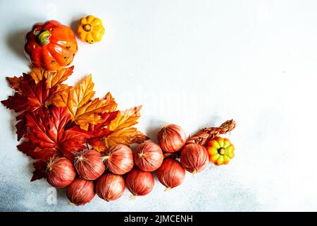 Cadre fait avec de fausses feuilles d'autumnl et de légumes de récolte sur le fond de béton Banque D'Images