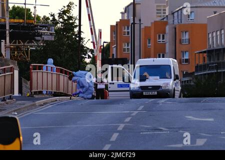 Londres, Royaume-Uni, 5th août 2022. Les services de police ont été vus en train de travailler suite à une réponse de la police armée après avoir signalé qu'un homme portant un conduit d'arme à feu avait été fixé à la main. Après qu'un témoin oculaire ait vu un taser activé sans effet, l'homme a été abattu et traité sur place pour ses blessures, avant d'être transporté à l'hôpital où son état est inconnu. On ne croit pas que l'incident soit lié à la terreur. Crédit : onzième heure Photographie/Alamy Live News Banque D'Images
