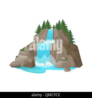 La cascade de la rivière tombe de la falaise avec des pins sur les cours d'eau isolés en haut. Paysage vectoriel avec montagne et arbre de pin, scène de ressource de jeu Illustration de Vecteur