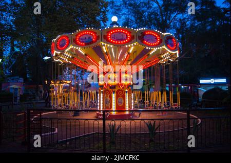 Carrousel dans des lumières vives sur une nuit d'été sombre du sud sur un fond d'arbres et d'autres attractions. Banque D'Images