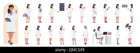 Le médecin pose l'illustration vectorielle définie. Caricature jeune femme travaillant au bureau de l'hôpital, debout avec une boîte de premiers soins, posant devant, sur le côté et dans le dos, montrant la présentation de rayons X isolée sur blanc Illustration de Vecteur