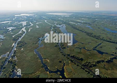 Delta du Danube, paysage avec lacs, canaux, lits de roseaux, tir de drone, Vue aérienne, Réserve de biosphère du delta du Danube, Roumanie Banque D'Images