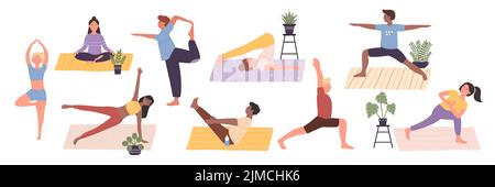 Les gens étirent le corps dans les poses de yoga ensemble illustration vectorielle. Personnages de dessin animé faisant des figures et des positions asana sur le tapis isolé sur blanc. Méditation, pilates et entraînement sportif, concept de flexibilité Illustration de Vecteur