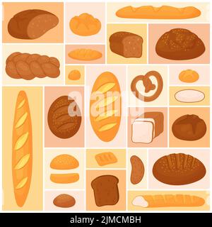 Menu boulangerie, illustration vectorielle de l'ensemble de produits alimentaires. Pain de dessin animé et baguette de farine de blé et de seigle, pain frais et bagel, tranches et pain entier avec croûte sur fond géométrique de collage Illustration de Vecteur