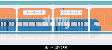 Station de métro avec train près de la plate-forme. Bande dessinée vide de l'intérieur du métro, public métropolitain pour le transport des passagers arrière-plan. Infrastructure de la ville, concept de transport Illustration de Vecteur