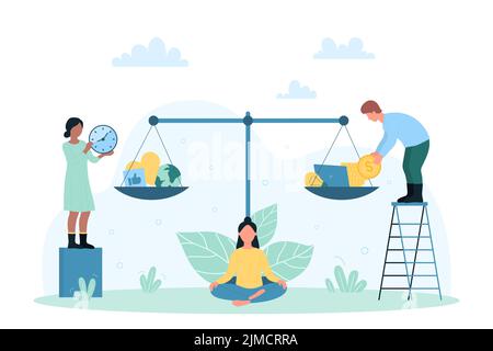 Illustration du vecteur de comparaison de l'équilibre entre la vie professionnelle et la vie privée. Caricature petit homme et femme comparer sur des échelles avec le prix de l'argent de carrière, de bien-être et de style de vie sain. Responsabilité, choix, concept de paiement Illustration de Vecteur