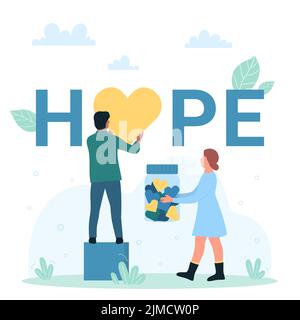 Bannière de concept Hope, projet de charité et de don, illustration de vecteur de campagne sociale. Caricature petits volontaires tenant le coeur et le pot avec des cadeaux, donner et partager l'aide, l'amour et le soutien pour les pauvres Illustration de Vecteur