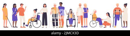 Divers groupes multiethniques de personnes âgées et de jeunes handicapées ont donné des illustrations vectorielles. Caricaturades personnages heureux assis en fauteuil roulant, debout sur une prothèse ou des béquilles isolées sur du blanc Illustration de Vecteur