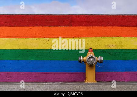 Borne d'incendie traditionnelle dans la rue près du mur avec fond peint en arc-en-ciel LGBT au bord de la route Banque D'Images