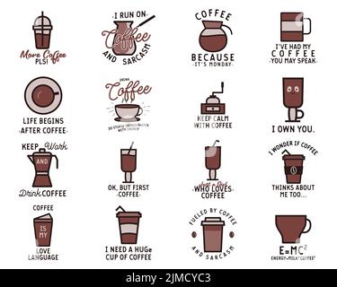 Divers autocollants vectoriels avec boissons au café et textes Illustration de Vecteur