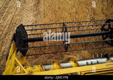 Depuis le dessus de la moissonneuse-batteuse industrielle avec rabatteur rotatif en métal pour la récolte de céréales séchées dans les plantations agricoles à la campagne Banque D'Images