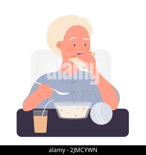 Un petit enfant mange de la soupe pour le déjeuner. Illustration vectorielle du menu de consommation de repas pour les enfants Illustration de Vecteur