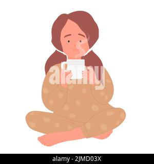 Petite fille dans les boissons de pyjama thé chaud. Ambiance chaleureuse, illustration vectorielle des boissons chaudes Illustration de Vecteur