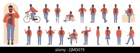 Le caractère Hipster pose une illustration vectorielle de jeu. Dessin animé jeune homme beau avec la barbe et les lunettes posant devant, côté et vue arrière, vélo d'équitation, assis dans une chaise avec téléphone isolé sur blanc Illustration de Vecteur