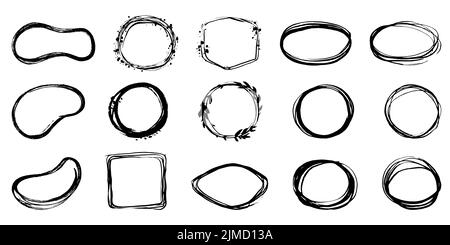 Cadres linéaires modernes dans un style d'encre. Différentes formes de cadres, illustration vectorielle isolée sur blanc. Cadres dessinés à l'encre et au pinceau. Dessin à la main Illustration de Vecteur