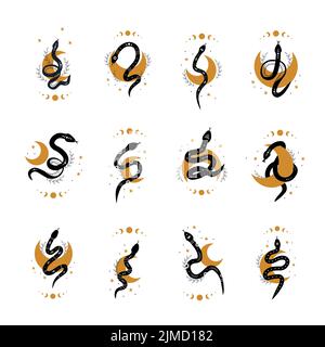 Serpents magiques de style boho avec lune. Des symboles mystiques dans un style minimaliste tendance. Illustration du vecteur ésotérique Illustration de Vecteur