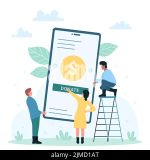 Œuvre de bienfaisance en ligne, application mobile de don avec illustration vectorielle de bouton de don. Caricature petits bénévoles font don d'argent, collecte rapide de fonds pour l'aide humanitaire et l'aide, demande de fonds à but non lucratif Illustration de Vecteur