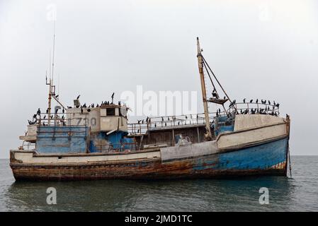 Cormorans sur une ancienne épave de Walvis Bay, Namibie Banque D'Images