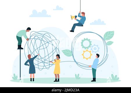 Communication d'entreprise, réflexion rationnelle dans la résolution de problèmes illustration vectorielle. Caricature de personnes minuscules tenant enchevêtrement chaotique pour démêler tâche difficile et compliquée, le chaos dans les pensées Illustration de Vecteur