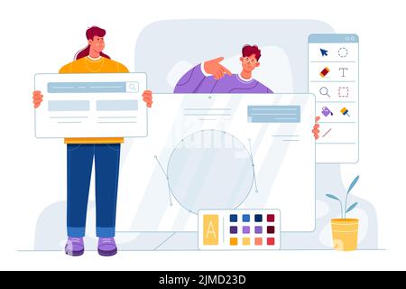 Création de Web design, travail d'agence avec l'équipe créative des artistes illustration vectorielle. Les gens de dessin animé minuscules développent une application d'interface utilisateur avec des outils d'éditeur visuel, les concepteurs professionnels créent un nouveau projet tendance Illustration de Vecteur