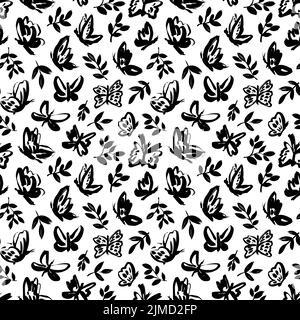 Papillons noirs avec motif vectoriel de petites feuilles Illustration de Vecteur