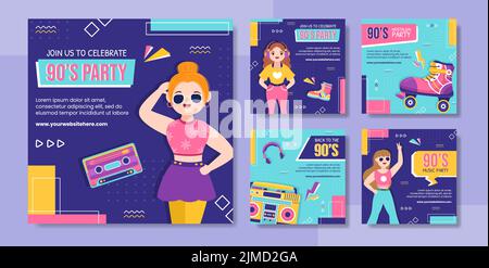 90s Retro Party social Media Post Template Flat Cartoon Background Vector Illustration Illustration de Vecteur