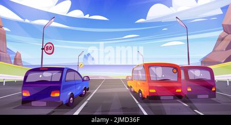 Voitures roulant à la vue arrière de l'autoroute, automobiles longeant la route asphaltée avec paysage marin avec montagnes et océan sous ciel bleu avec des nuages moelleux par jour ensoleillé, illustration vectorielle de Cartoon Illustration de Vecteur