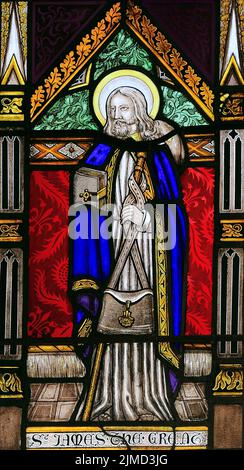 Saint James le Grand, saint, vitrail, par Joseph Grant de Costessey, 1856, Wighton, Norfolk, Angleterre, ROYAUME-UNI Banque D'Images