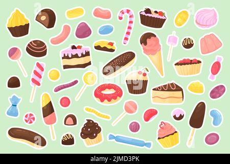 Illustration vectorielle de l'ensemble d'autocollants dessert doux. Collection de confiseries à base de dessins animés avec bonbons en gelée, cupcake, glace en gaufre et morceaux de gâteau avec glaçage au chocolat isolés sur fond vert Illustration de Vecteur