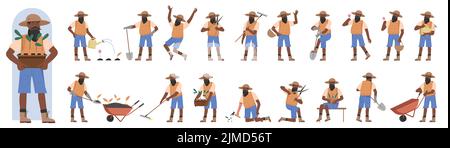 Illustration vectorielle de l'ouvrier agricole noir africain-américain dans différentes poses. Dessin animé vieil homme travaillant l'équipement de jardin à l'avant, vue latérale arrière, fermier vieux tenant pelle et râteau, brouette Illustration de Vecteur