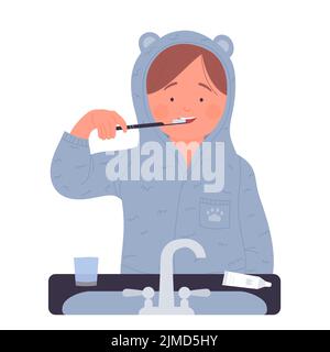 Un petit enfant se brossant les dents. Illustration de la routine pour enfants du matin, vecteur de soins d'hygiène Illustration de Vecteur