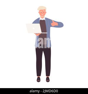 Un professeur tient un ordinateur portable. Professeur d'école heureux avec illustration vectorielle de pouce vers le haut Illustration de Vecteur