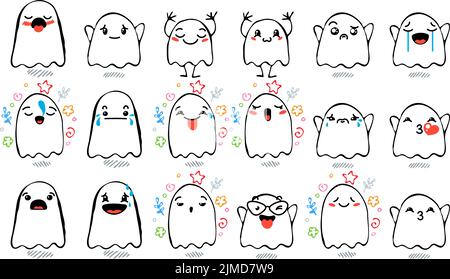 Ensemble de divers fantômes de dessin animé avec émoticônes. Doodle ghouls, yeux et bouche. Caricature expressive comic émotions, souriant, pleurant et surpris chara Illustration de Vecteur