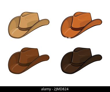 cow-boy de dessin animé chapeau stetson clair et brun foncé ensemble de 4 vecteurs isolés sur fond blanc Illustration de Vecteur