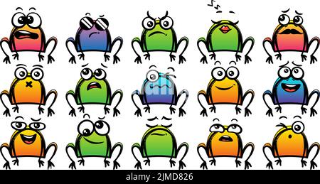 Divers ensemble de grenouilles à dessin animé. Doodle visages, yeux et bouche. Caricature expressive comic émotions, sourire, pleurs et surprise caractère visage expression Illustration de Vecteur