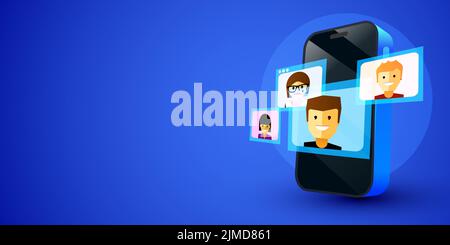 Rencontrer une entreprise par vidéoconférence sur un téléphone portable. Technologie numérique et concept de communication. Illustration vectorielle Illustration de Vecteur