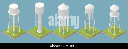 Icônes isométriques ensemble de tours d'eau , un réservoir d'eau construit à une hauteur suffisante pour pressuriser un système de distribution d'eau potable, et à Illustration de Vecteur