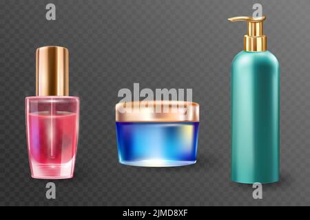 3D bouteilles et contenants avec ensemble de produits cosmétiques pour la peau illustration vectorielle. Emballages réalistes en verre rouge, bleu et vert avec bouchons dorés, liquide ou crème isolés sur fond transparent Illustration de Vecteur